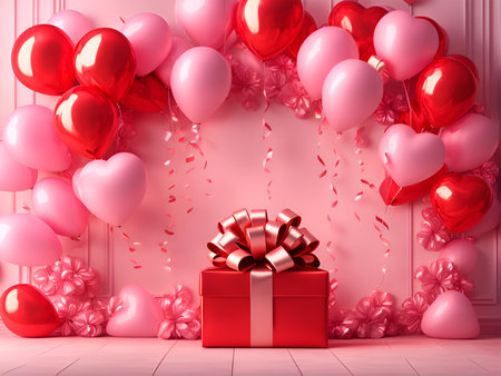 Valentine's day background with red gift box and heart shaped balloons. 3d rendering.IA generativaの素材