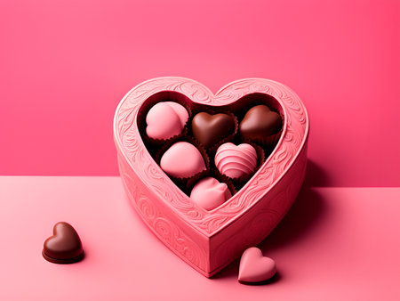 Heart shaped box of chocolates on a pink background. 3d rendering.IA generativaの素材