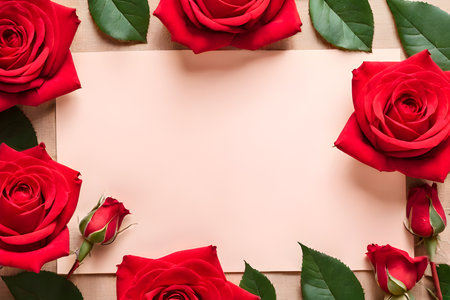 Red roses and blank paper sheet on wooden background. Top view with copy space.IA generativaの素材