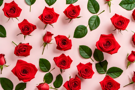 Red roses with green leaves on pink background. Flat lay, top view.IA generativaの素材