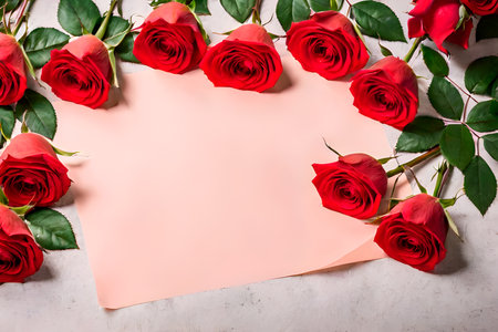 Red roses and blank paper sheet on white background. Top view with copy space.IA generativaの素材