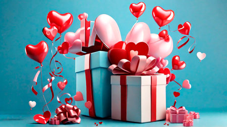 Valentine's day background with gift box and heart shaped balloons.IA generativaの素材