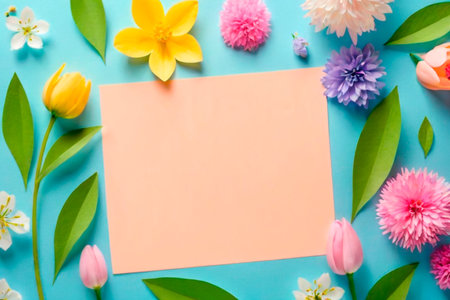 Blank paper with spring flowers on blue background. Flat lay, top view.IA generativaの素材