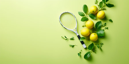 Tennis racket and yellow lemons on green background with copy space.IA generativaの素材