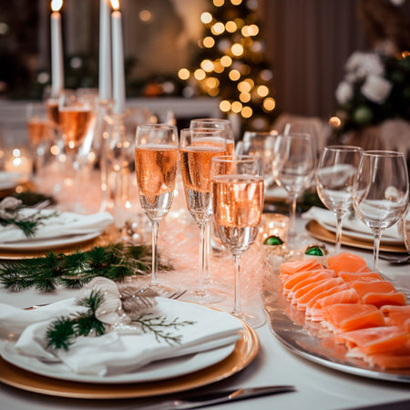 Christmas table setting with glasses of champagne and smoked salmon. Selective focus.IA generativaの素材