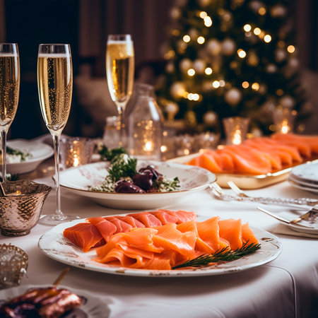 Festive table setting with smoked salmon and glasses of champagne. Christmas tree in the background.IA generativaの素材