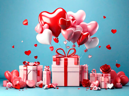Valentine's day background with gift boxes, hearts and balloons.IA generativaの素材