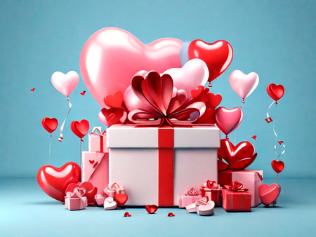 Valentine's day background with gift box and red heart balloons.IA generativaの素材