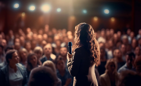 Businesswoman speaking into microphone at business conference. Audience in the conference hall.IA generativaの素材