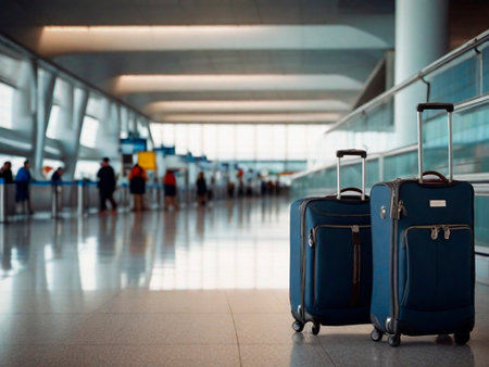 Two blue suitcases in airport terminal waiting for boarding. Traveling concept.IA generativaの素材