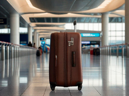 Suitcase in the airport terminal. Traveling concept background.IA generativaの素材