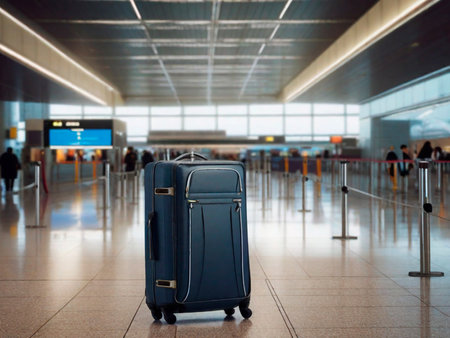 Blue suitcase in the airport terminal. Travel concept. Blurred background.IA generativaの素材