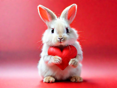 Cute white rabbit with red heart on red background. Valentine's day concept.IA generativaの素材