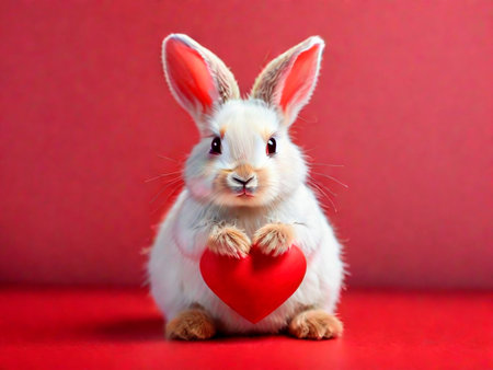 Cute little rabbit with red heart on red background, Valentine's Day.IA generativaの素材