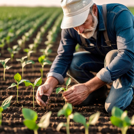 Farmer examining seedlings of cucumber in the field, selective focus.IA generativaの素材