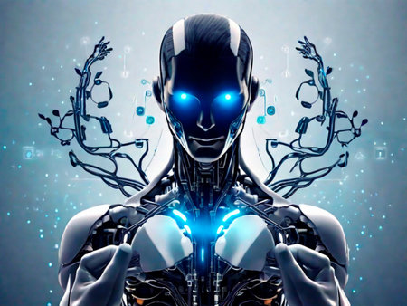 Humanoid robot with glowing brain concept on blue background 3D rendering.IA generativaの素材