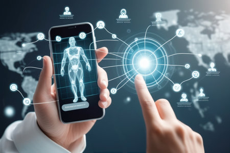 Concept view of a doctor holding a smartphone with medical icon around.IA generativaの素材