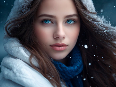 Winter portrait of a beautiful young woman with blue eyes. Winter fashion.の素材