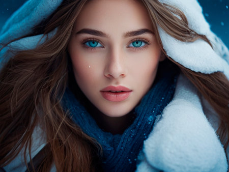Winter portrait of a beautiful young woman with long hair and blue eyes.の素材