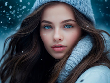 Winter portrait of a beautiful young woman with long wavy hair.の素材