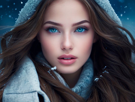 Winter portrait of a beautiful young woman with long hair and blue eyesの素材