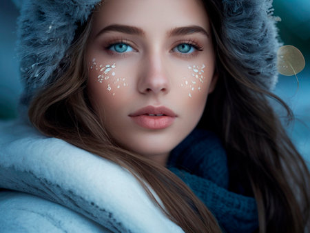 Winter portrait of a beautiful young woman with snowflakes on her faceの素材