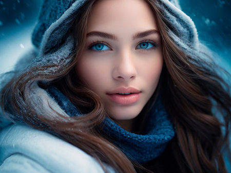 Winter portrait of beautiful young woman with blue eyes and long curly hairの素材