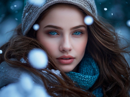 Portrait of a beautiful young woman in winter clothes. Beauty, fashion.の素材