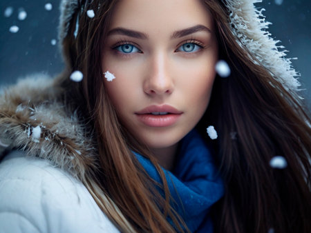 Winter fashion. Beautiful young woman in winter coat and snowflakes.の素材