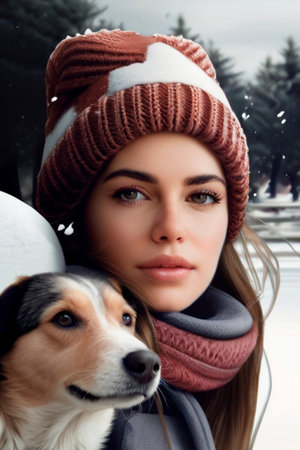 Beautiful girl with a dog in a winter park. Winter portraitの素材