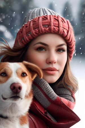 Portrait of a beautiful young woman with her dog in winter forestの素材