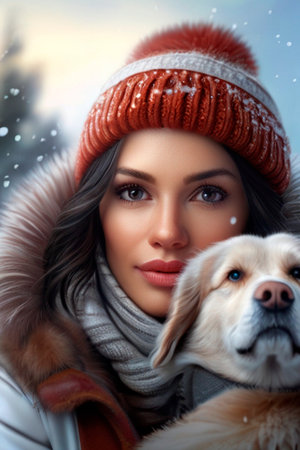 Portrait of a beautiful young woman in winter clothes with her dogの素材
