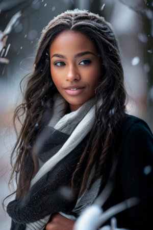 Portrait of a beautiful young african american woman in winterの素材
