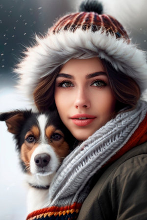 Portrait of a beautiful young woman in winter clothes with her dogの素材