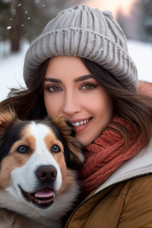 Portrait of a beautiful young woman with her dog in winter parkの素材