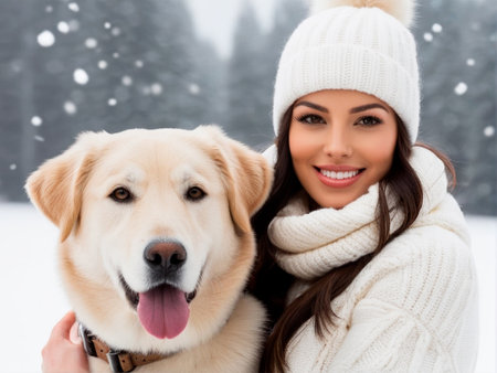 winter, pet, animals and people concept - smiling woman in warm hat with labrador retriever dog over snowy backgroundの素材