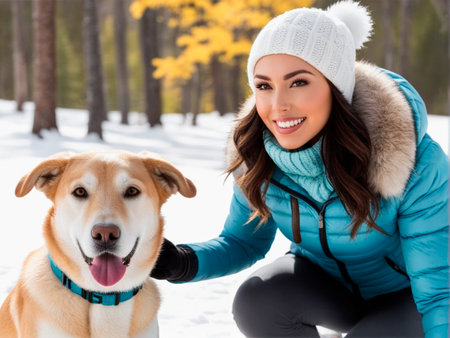 winter, pet, people, leisure and sport concept - happy young woman with dog in winter parkの素材