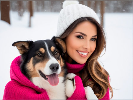 beautiful young woman with her dog in winter park. She is wearing warm clothes and smiling.の素材