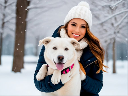 Beautiful young woman with her dog in winter park. Snowfall.の素材