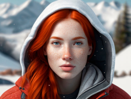 Close-up portrait of beautiful red-haired girl with freckles and freckles. She is wearing a hooded jacket and looking at the camera.の素材