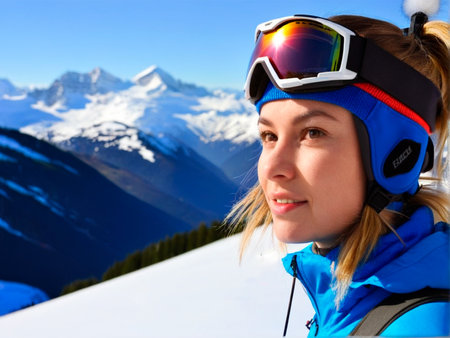 Portrait of a young woman with ski goggles on the background of mountainsの素材