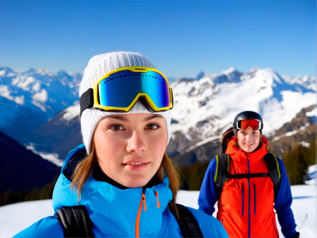 Young couple skiers at the top of the mountain looking at cameraの素材