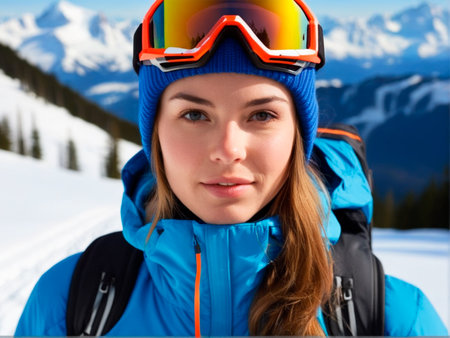 Portrait of young woman in ski goggles and helmet on the background of mountainsの素材