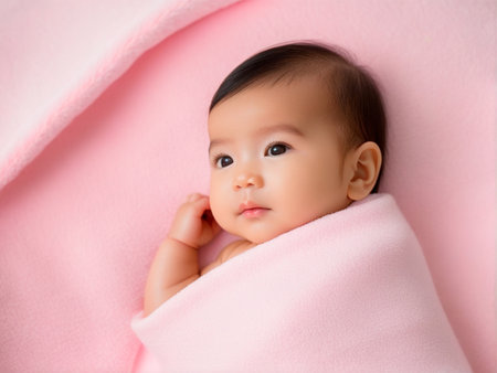 Portrait of cute asian baby girl lying on pink blanket.の素材
