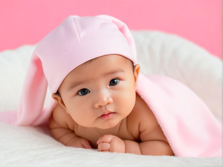 Portrait of cute asian baby lying on the bed with pink backgroundの素材