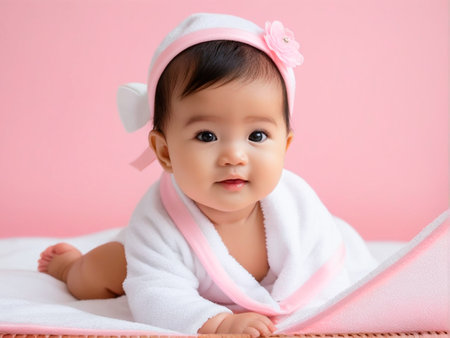 Portrait of cute asian baby girl lying on pink background.の素材