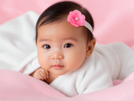 Portrait of cute asian baby girl lying on pink background.の素材