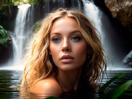 Portrait of a beautiful young woman in a waterfall. Beauty, fashion.の素材