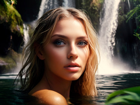 Beautiful young woman in a pool with a waterfall in the background.の素材