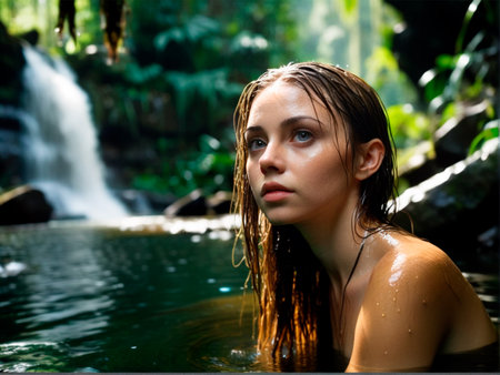 Beautiful young woman in a tropical waterfalls. Bali, Indonesiaの素材